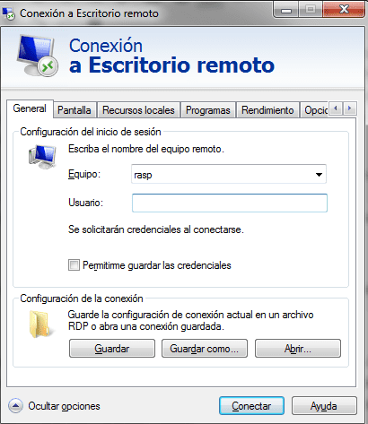 Conexión a escritorio remoto de Windows
