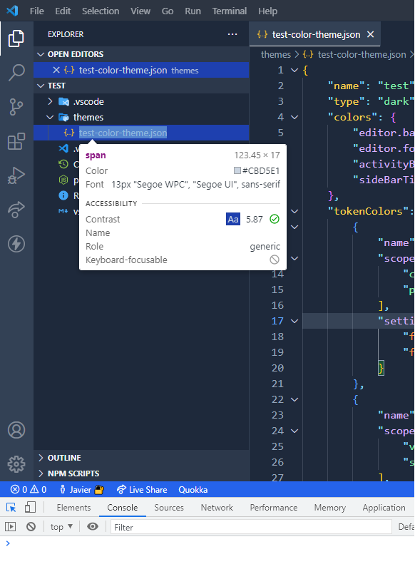 Inspeccionando con VSCode devtools para obtener un color.