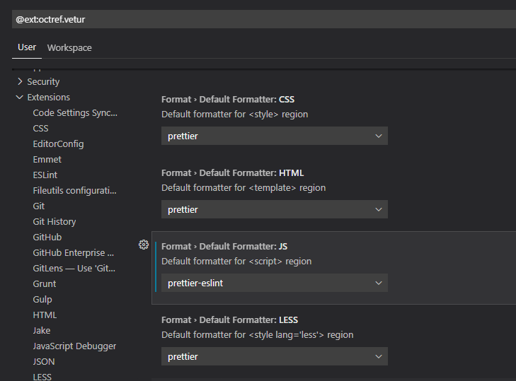 Configuración de formateadores en Vetur